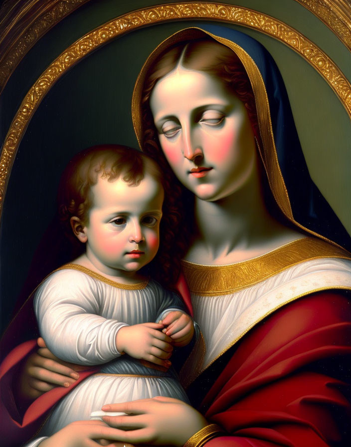 Religious painting of woman and child with halos in blue cloak and red dress under golden arch.