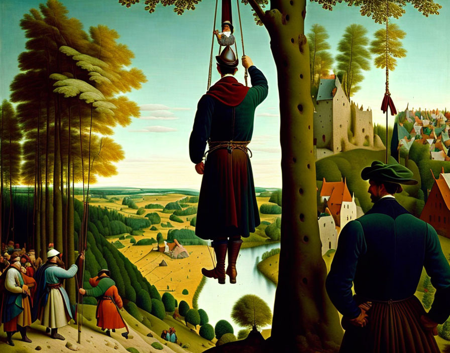 Renaissance-era painting of man hoisted up tree for panoramic view