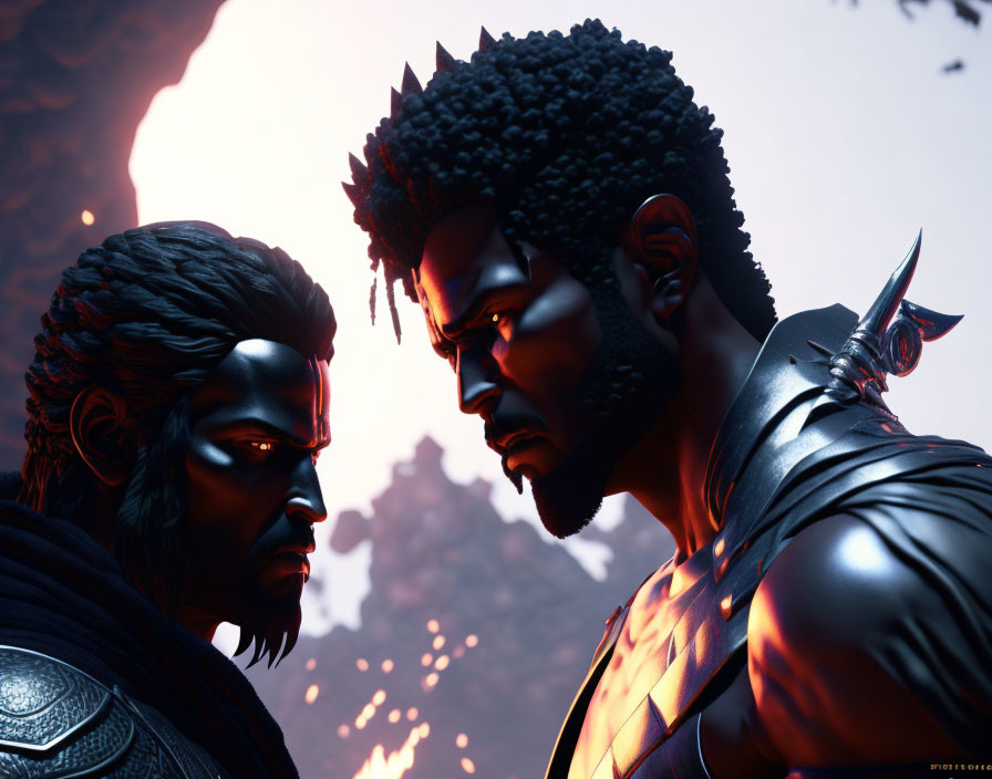 Intense animated characters in dramatic lighting against fiery backdrop