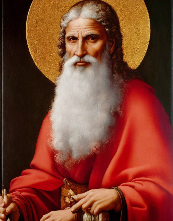 Bearded Man Portrait with Halo, Red Robe, Quill, and Book