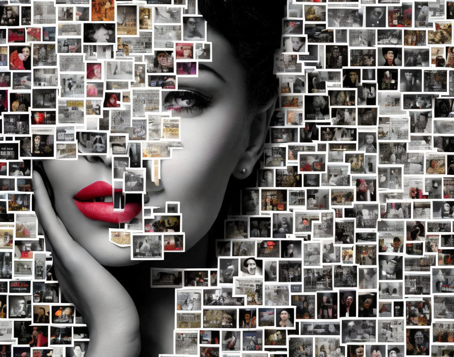 Collage of small photos creating a woman's face with red lips and one eye