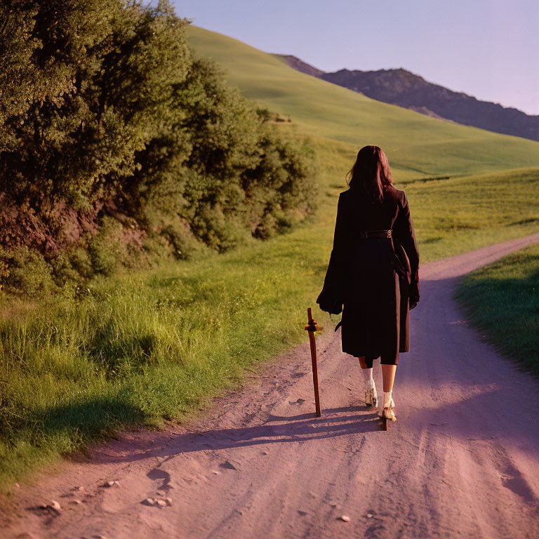 Person in Black Coat Walking on Dirt Path Among Green Hills