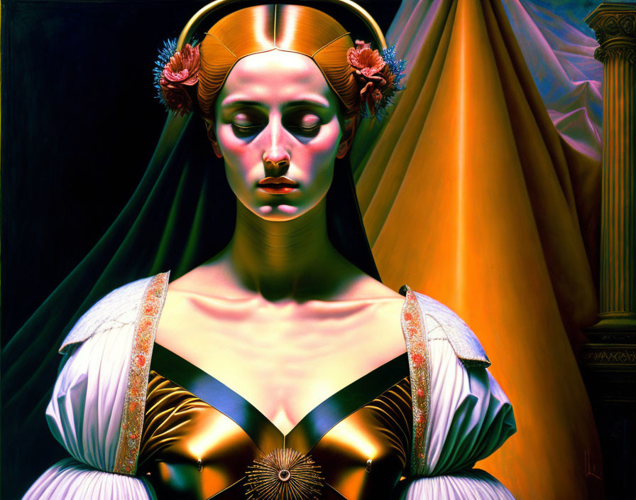 Stylized digital artwork of female figure in golden and white attire on dark backdrop.