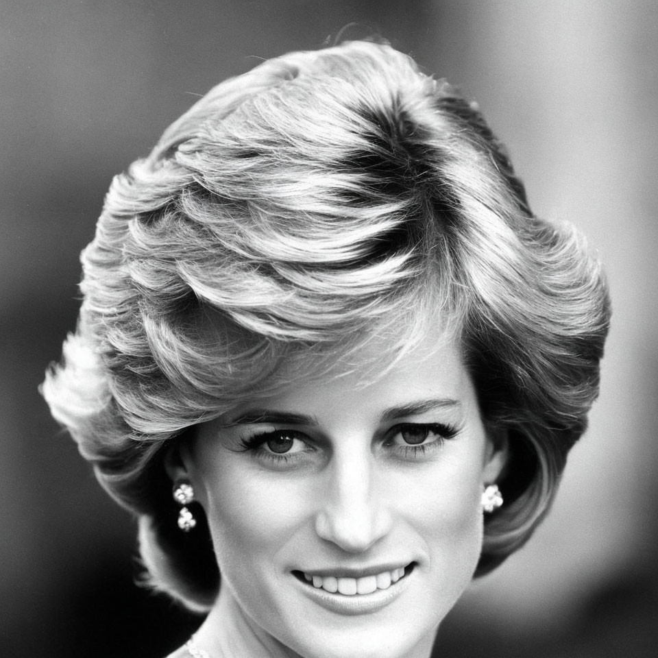 Monochrome image of woman with short styled hair and earrings