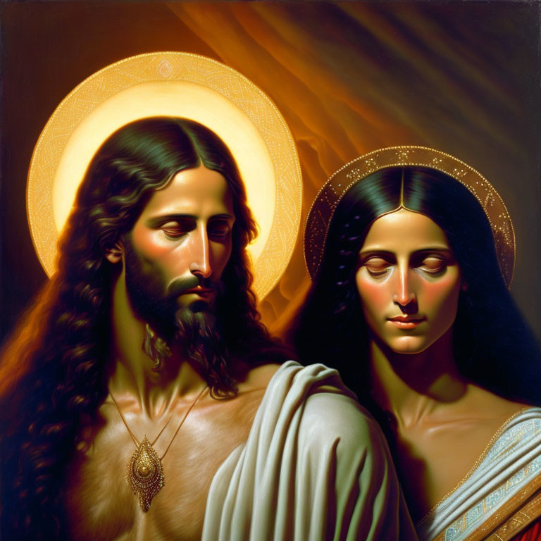 Religious painting with two haloed figures, male with beard and long hair, female with dark hair