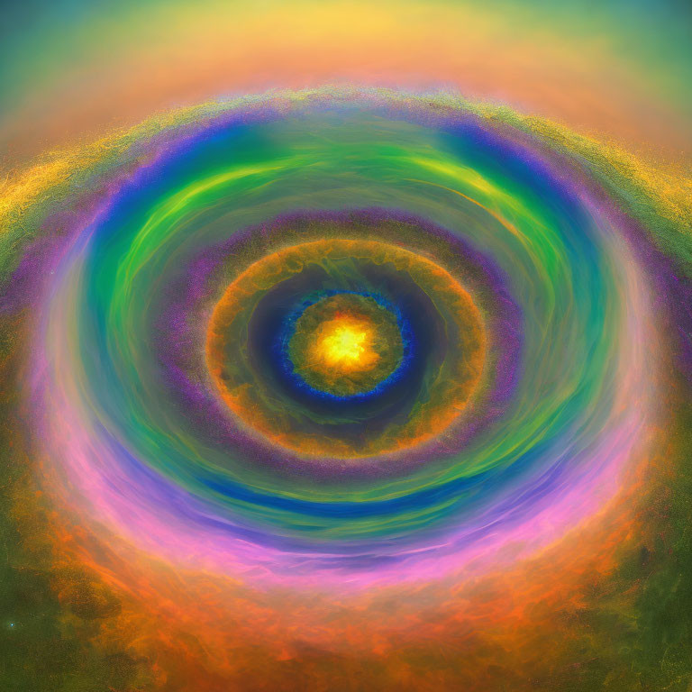 Colorful abstract art: concentric circles in yellow, green, purple, and red form eye illusion