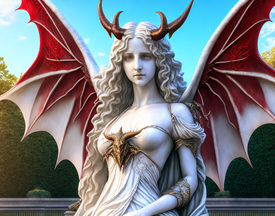 White-Haired Female Figure with Horns and Dragon Wings in Majestic Pose