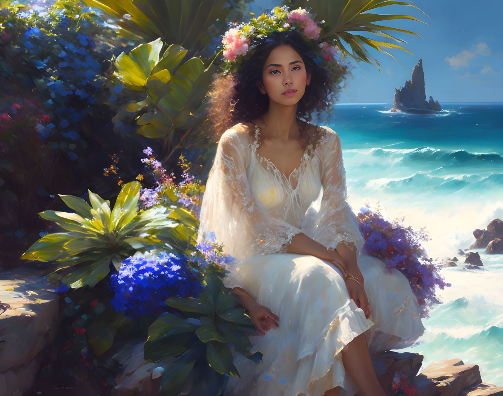 Woman in white dress by sunny seaside with flowers and rock formation