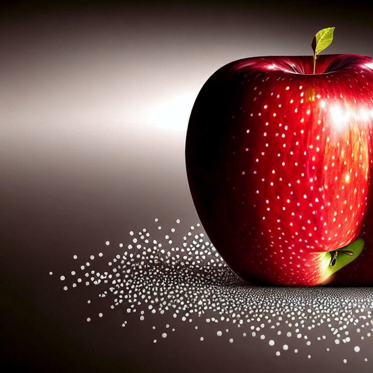 Red apple with green leaf on shiny surface sparkles like scattered diamonds