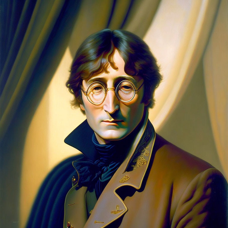 Stylized portrait of man with round glasses and shoulder-length hair