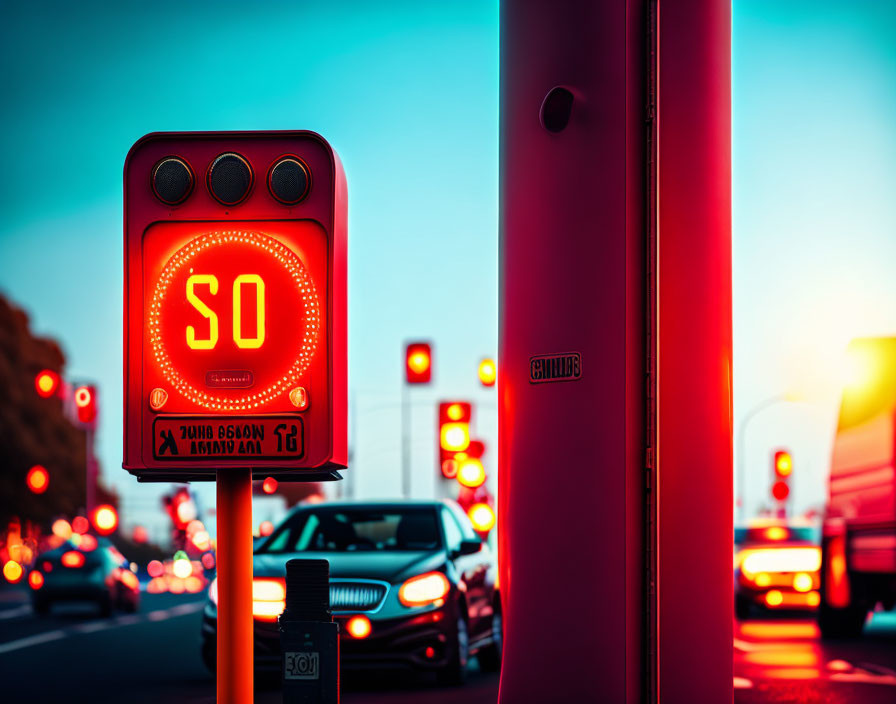 Vibrant red traffic light in urban sunset scene