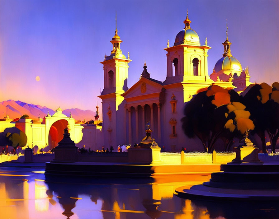 Colorful painting of cathedral with twin spires against mountain backdrop and purple sky.