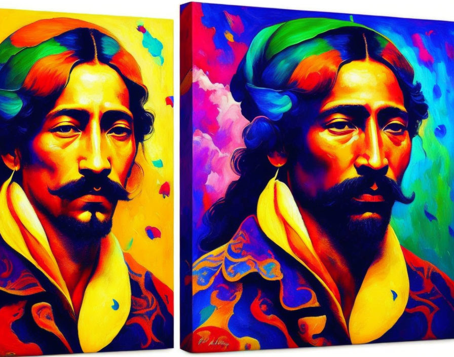 Colorful Two-Panel Portrait of Bearded Man in Modern Style