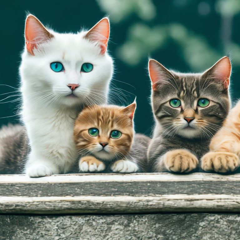 Three Cats with Striking Eyes: White Cat Blue Eyes, Two Brown Tabbies Green Eyes