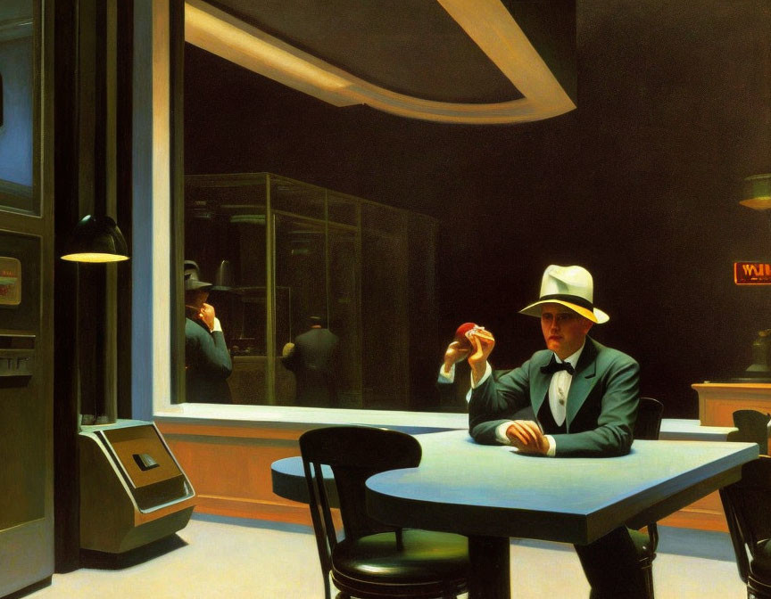 Man in suit and white hat inspecting object at table with street view through window.