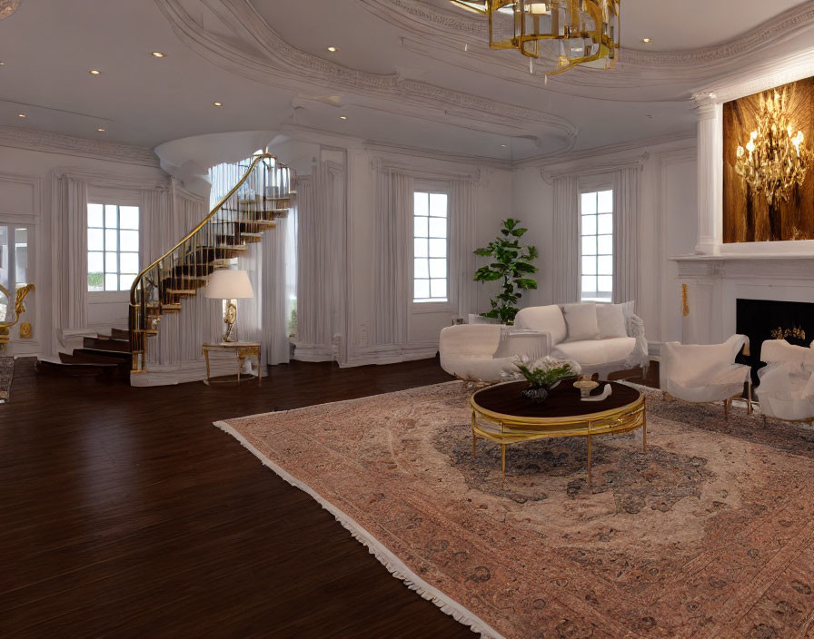 Sophisticated living room with white walls, gold accents, grand staircase, fireplace, classical furniture,