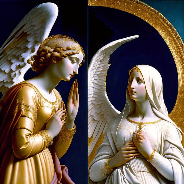 Angel with folded wings and halo conversing with reverent woman in white with golden halo