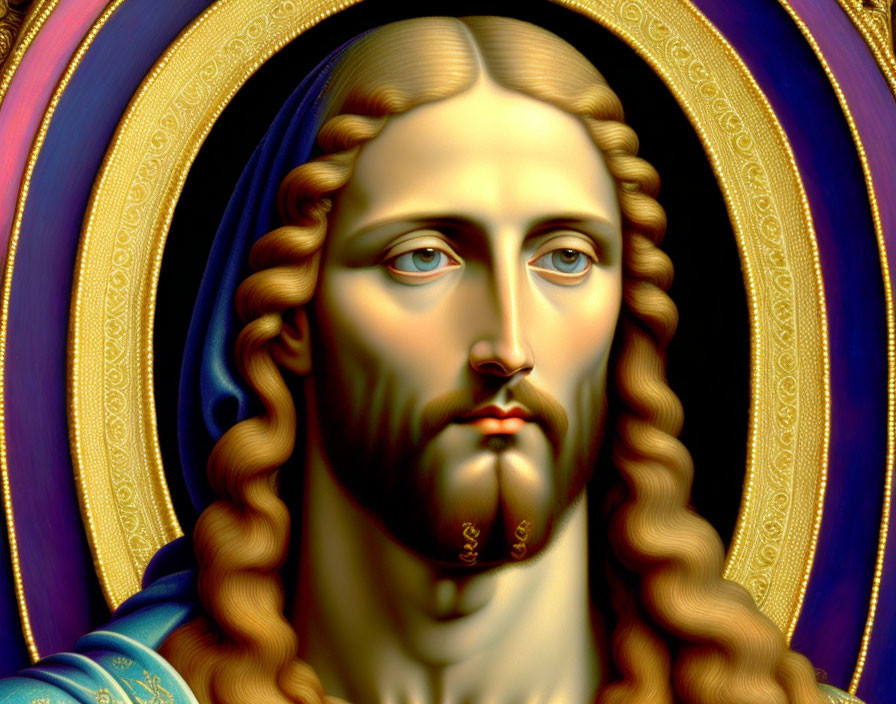 Religious digital painting of Jesus Christ with halo, long hair, beard, serene expression