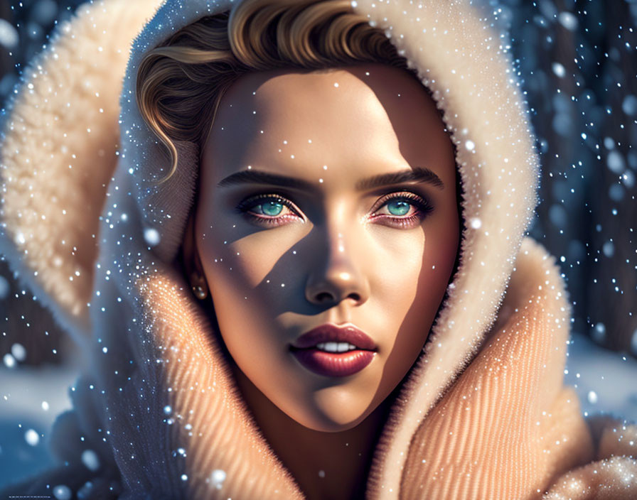 Digital portrait: Woman with blue eyes and blonde hair in peach hood with snowflakes