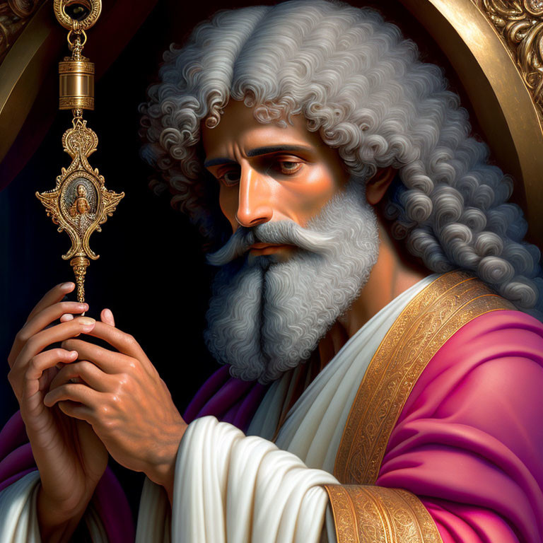 Regal Figure with Gray Beard and Gold Cross in Purple Robe