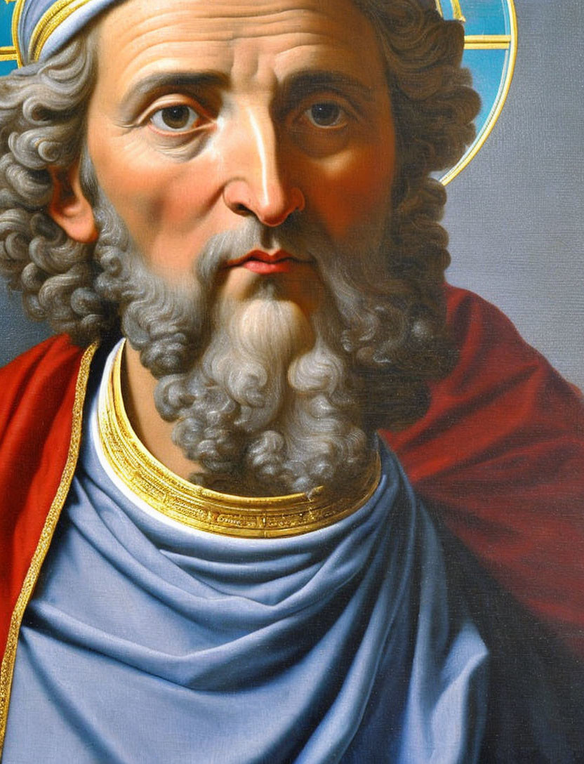 Saint with Halo, Grey Beard, Blue Robe, and Red Cloak