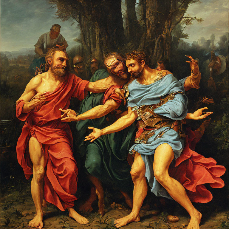 Classical painting of three robed men in forest setting