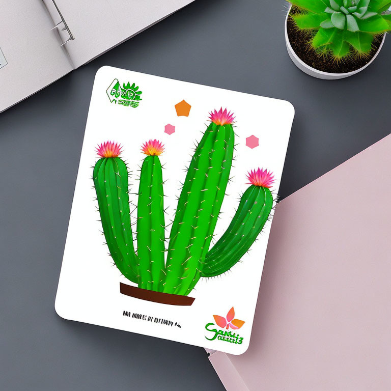 Green cactus with pink flowers on a playing card next to a laptop and succulent on desk