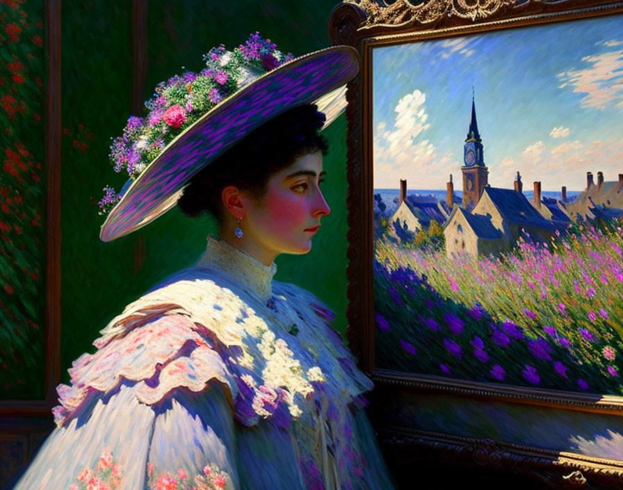 Profile view of elegant lady in wide-brimmed hat with flowers, standing by village painting.