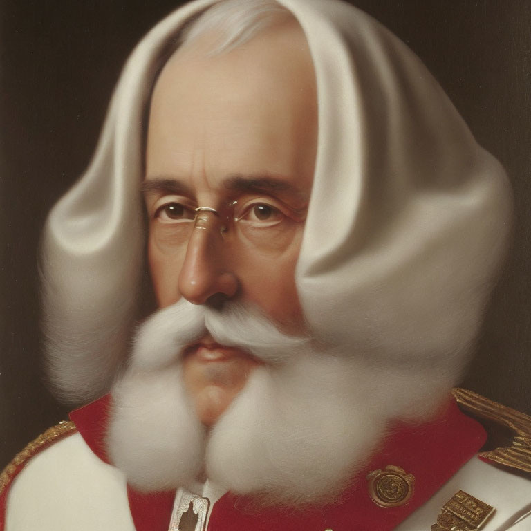 Portrait of stern person with white mustache in red military uniform