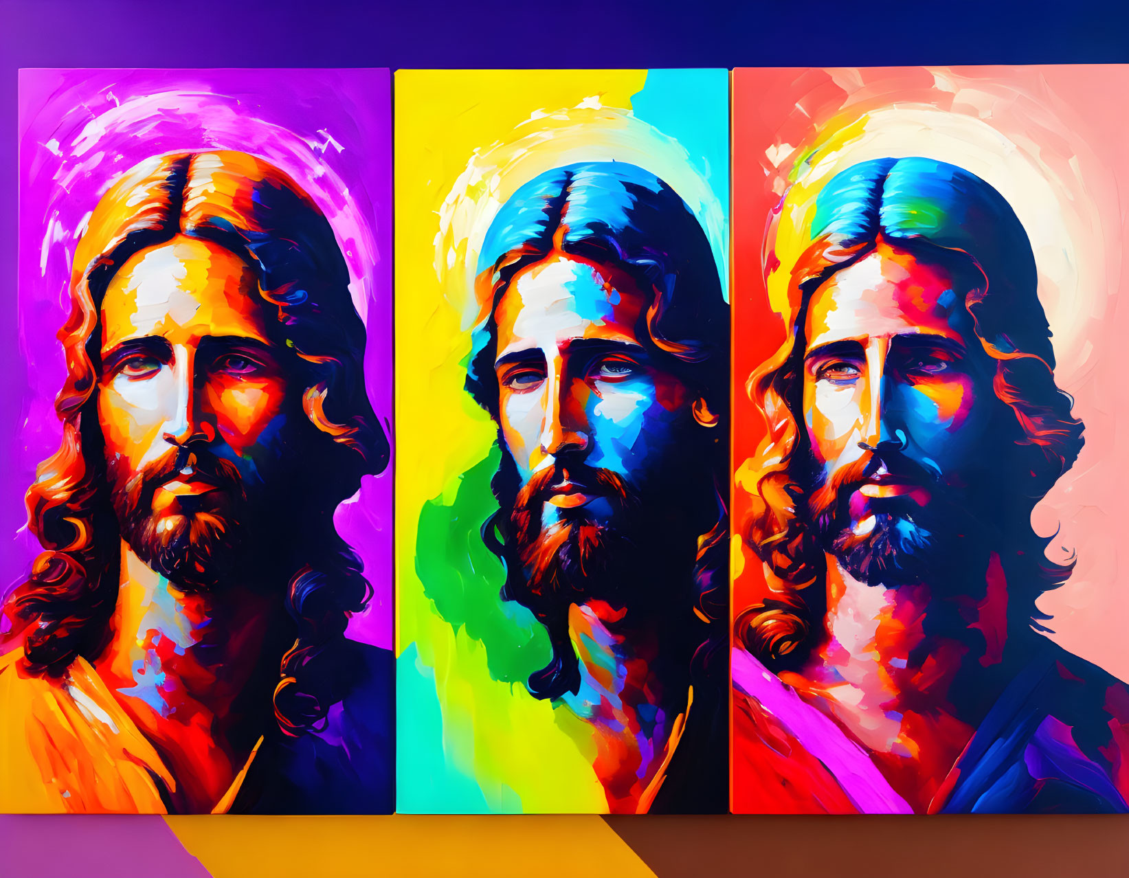 Colorful Pop-Art Style Triptych Portraits with Long-Haired Figure