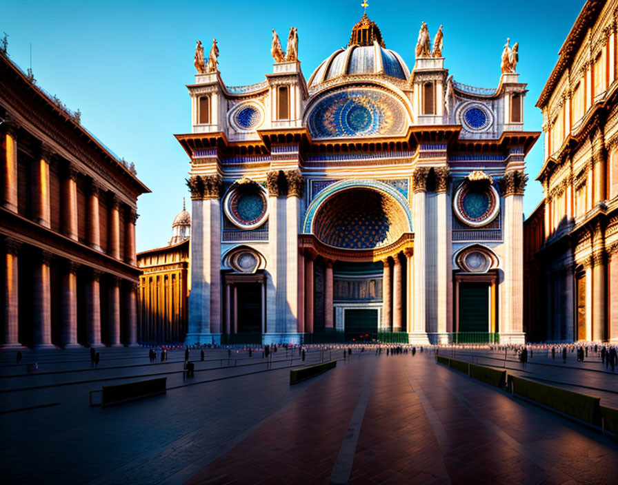 Ornate cathedral with multiple domes and vibrant blue facade