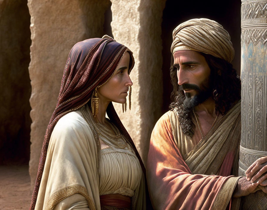 Man and woman in historical Middle Eastern attire exchanging serious gaze near column and building.