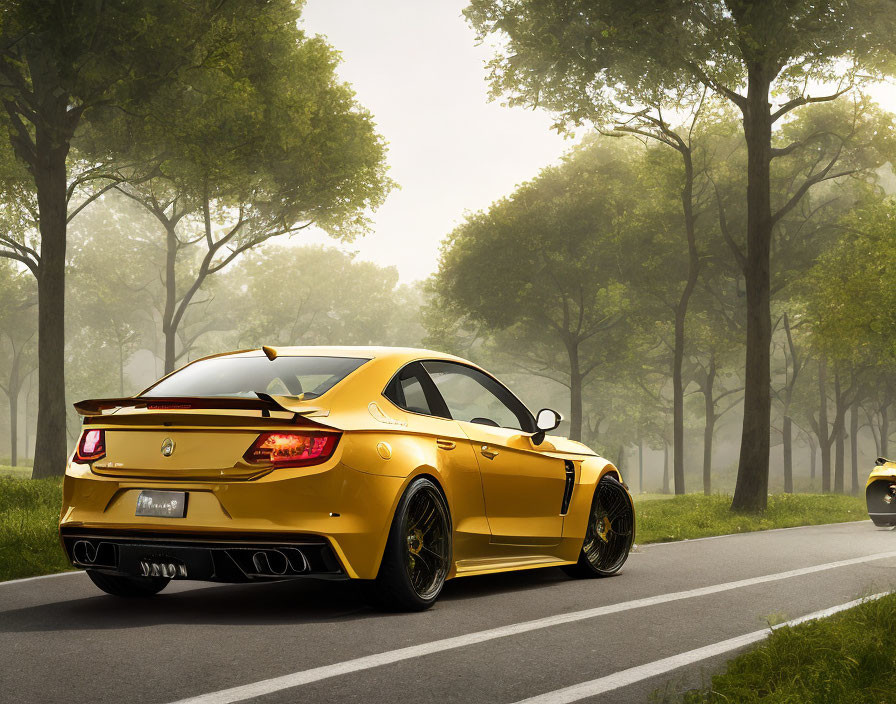 Yellow Sports Car with Rear Spoiler Parked on Foggy Forest Road