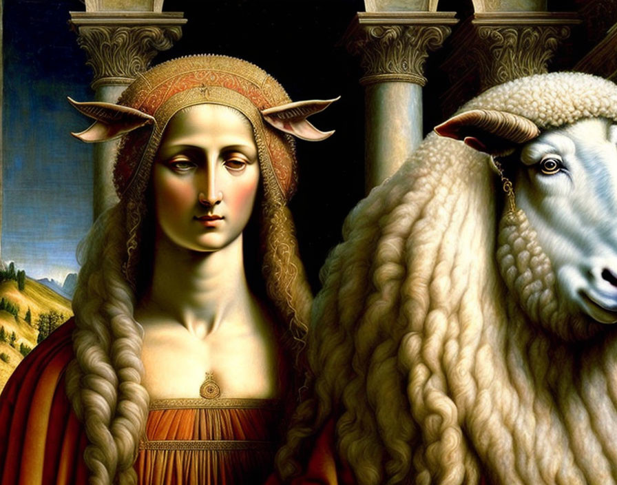 Surreal painting of woman with ram head in columned landscape