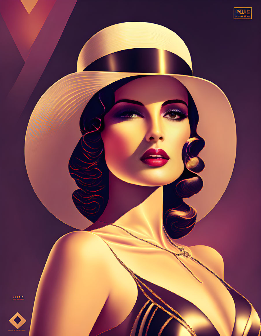 Glamorous woman with top hat, striking makeup, and elegant hairstyle against warm geometric backdrop