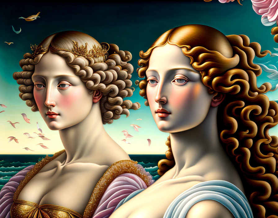 Stylized classical women with elaborate hair in surreal setting.