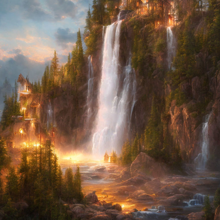 Majestic forest waterfall with fantasy castle in cliffside