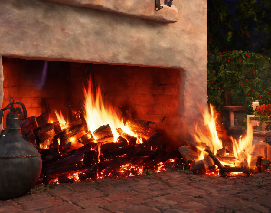 Outdoor fireplace with crackling firewood and glowing embers beside a kettle on dusk-lit patio.