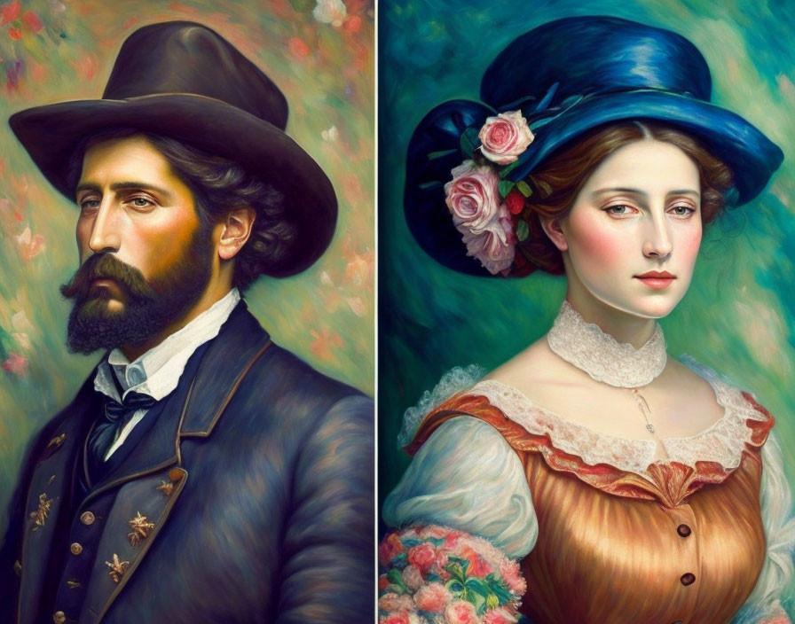 Classical paintings of man in top hat and woman in lace-collared dress