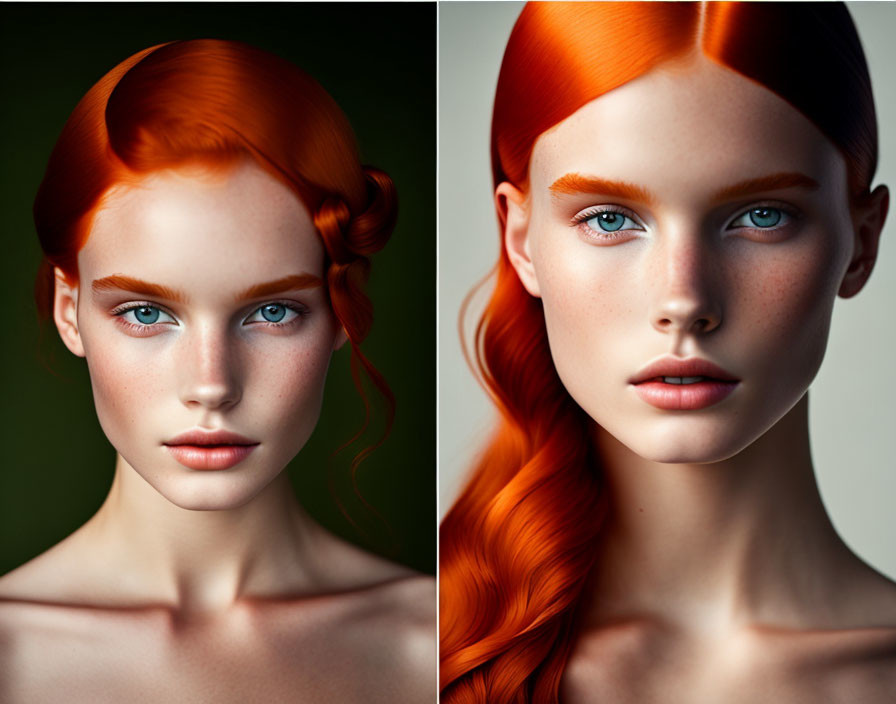 Dual portraits of woman with blue eyes and red hair in braids on green backdrop