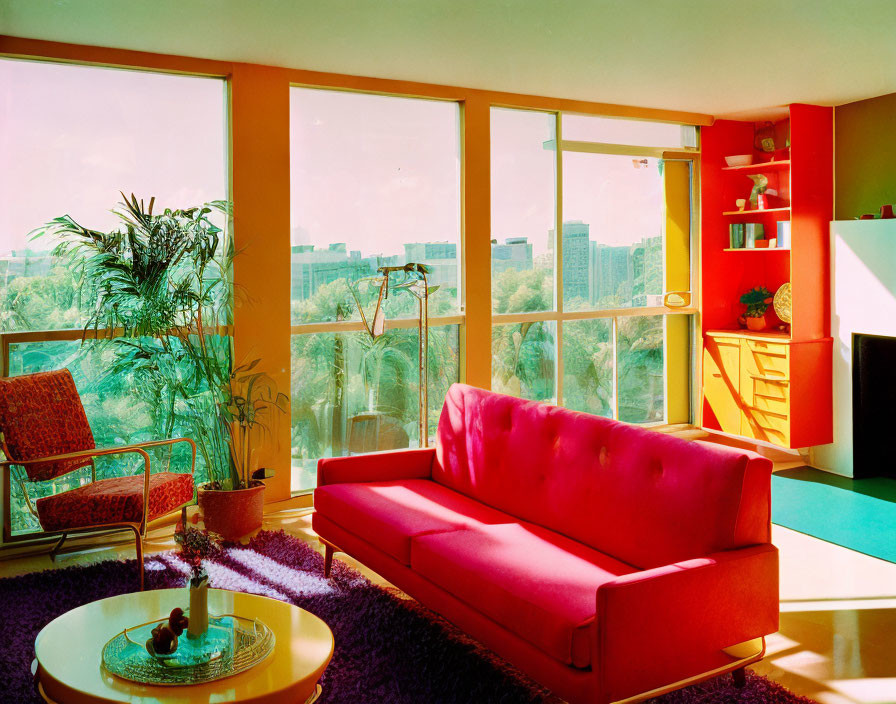 Vibrant living room with pink sofa, armchair, vibrant rug, city view, and green