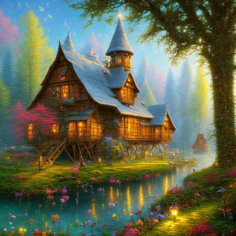 Fairytale Cottage with Spires in Magical Forest at Dusk