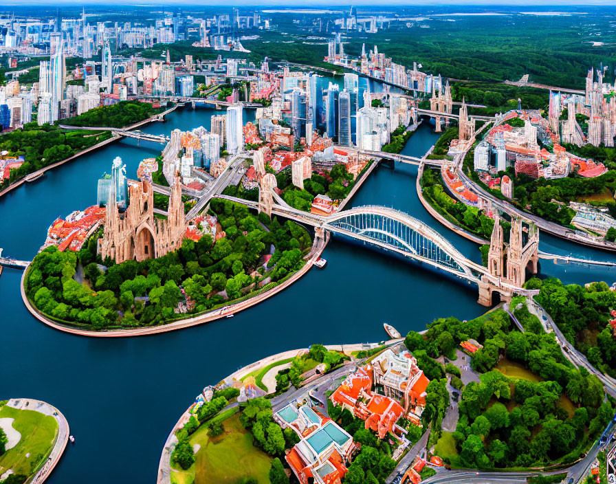 Vibrant cityscape with skyscrapers, river bridges, parks, and gothic architecture