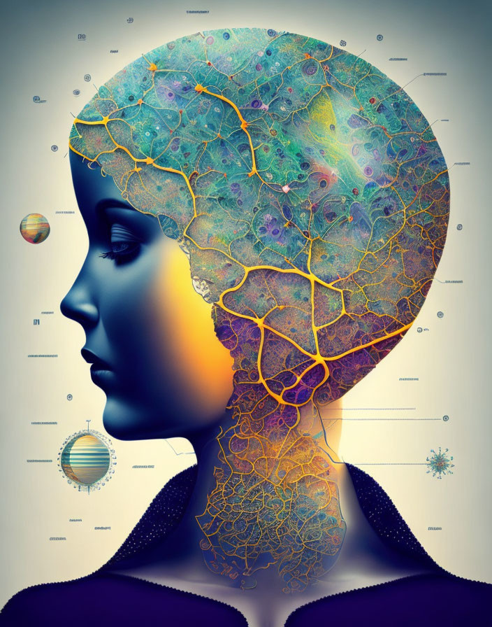 Colorful surreal illustration of woman with brain-shaped pattern and scientific symbols.