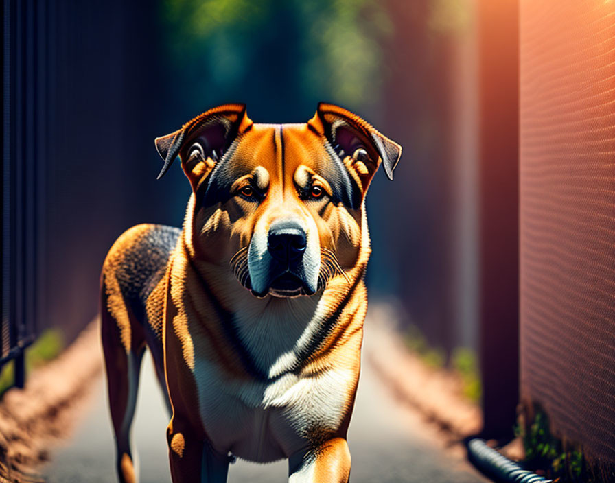 Alert brown and black muscular dog in warm sunlight.