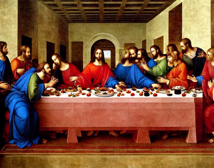 Thirteen men at table, figure in red and blue - reminiscent of The Last Supper