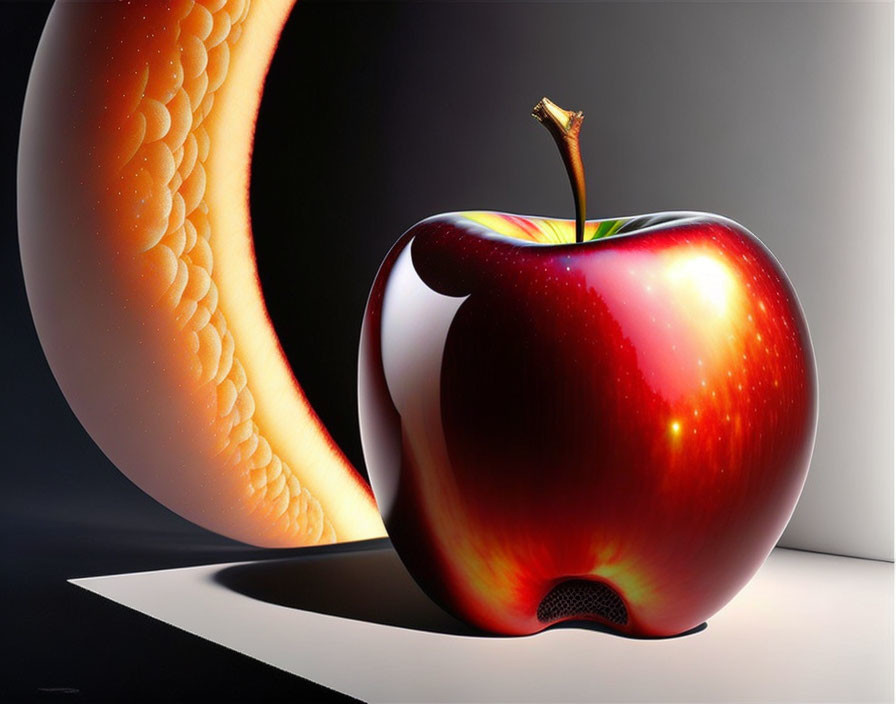 Red apple with basketball texture on gray background with dramatic lighting