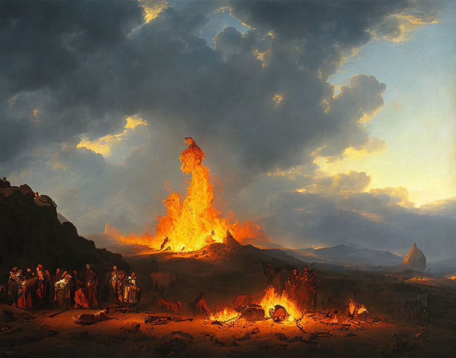 Dramatic painting of volcanic eruption with fiery lava and onlookers by campfires