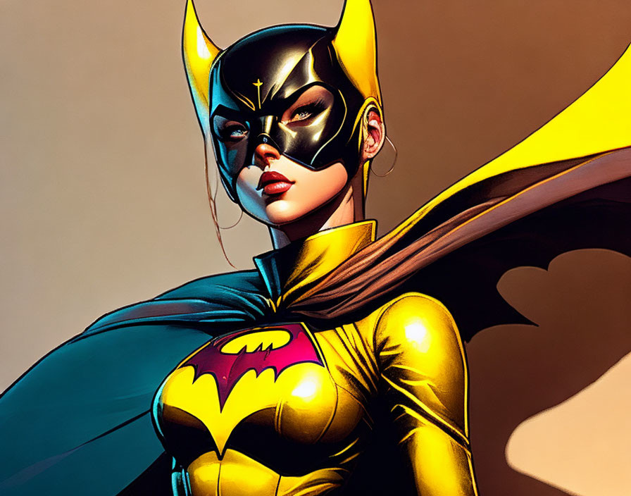 Batgirl costume illustration with cowl, pointed ears, bat emblem, and flowing cape