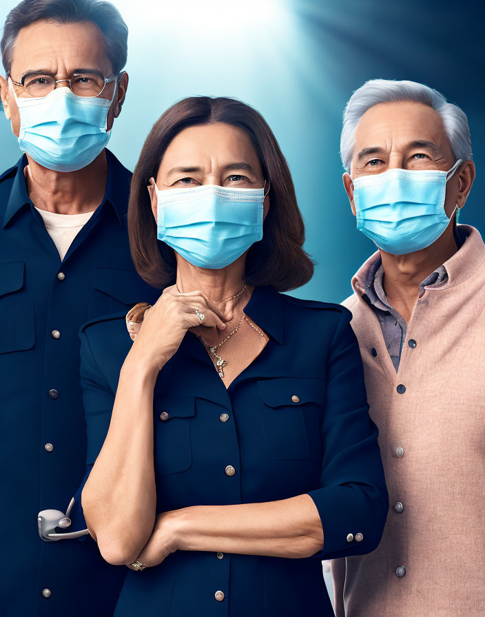 Three elderly people in masks on blue background, dressed formally.